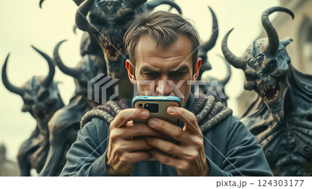 A group of evil demonic creatures are positioned around an innocent man who is holding a phone and looking at its screen 124303177
