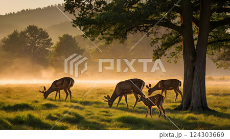 A family of deer grazing in a meadow at sunrise 124303669