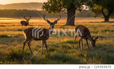 A family of deer grazing in a meadow at sunrise 124303670
