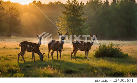 A family of deer grazing in a meadow at sunrise 124303671