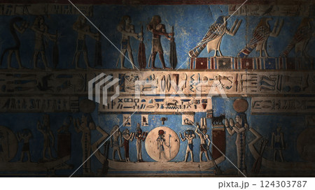 Hieroglyphic carvings and paintings on wall Hieroglyphic carvings and paintings on wall 124303787
