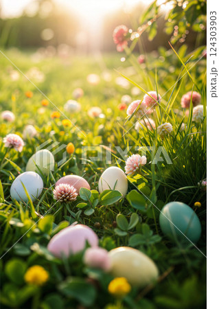 Colored eggs waiting Easter hunt 124303903