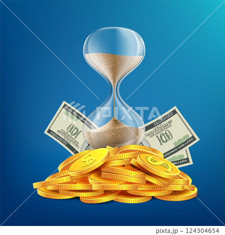 Hourglass on pile of coins and paper money dollars 124304654