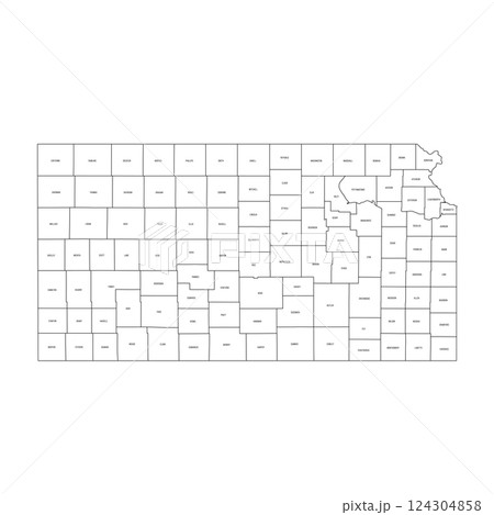 Kansas, KS - detailed political map of US state. Administrative map divided into counties. Thin black outline map with county name labels. Vector illustration 124304858