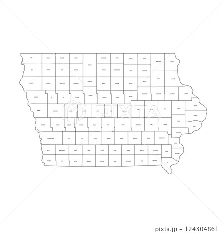 Iowa, IA - detailed political map of US state. Administrative map divided into counties. Thin black outline map with county name labels. Vector illustration Iowa, IA - detailed political map of US state. Administrative map divided into counties. Thin black outline map with county name labels. Vector illustration 124304861