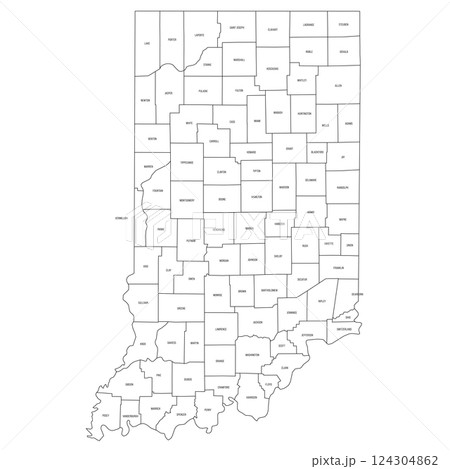 Indiana, IN - detailed political map of US state. Administrative map divided into counties. Thin black outline map with county name labels. Vector illustration 124304862