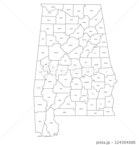 Alabama, AL - detailed political map of US state. Administrative map divided into counties. Thin black outline map with county name labels. Vector illustration Alabama, AL - detailed political map of US state. Administrative map divided into counties. Thin black outline map with county name labels. Vector illustration 124304886