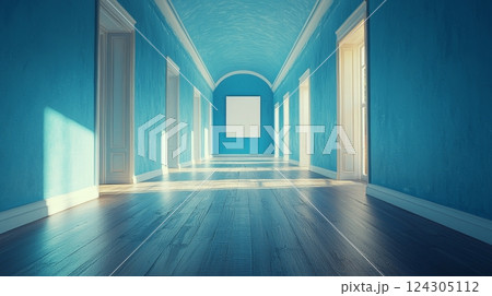 Artistic Space Minimalist Blue Hallway with Blank Sign 124305112