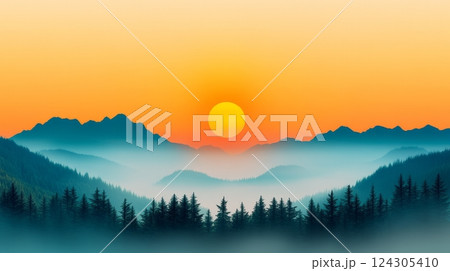 Serene Sunrise Over Misty Mountains A Peaceful Nature Illustration Serene Sunrise Over Misty Mountains A Peaceful Nature Illustration 124305410