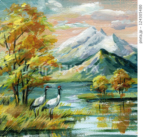 Autumn trees, snowy mountain and peaceful lake, crane birds fall landscape, wildlife in nature oil painting on canvas 124305480