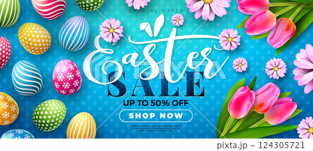 Easter Sale Illustration with Color Painted Egg, Spring Flower and Rabbit Ears on Blue Background. Vector Holiday Celebration Design Template for Coupon, Banner, Voucher or Promotional Poster. 124305721