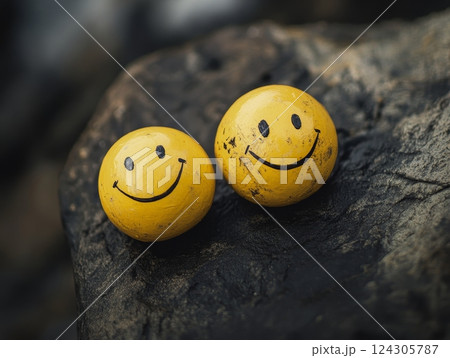 Smiley Face Balls on Dark Stone Surface Still Life Photography Natural Light Close-up Joyful Concept 124305787