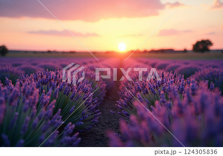 beautiful lavender field at sunset 124305836