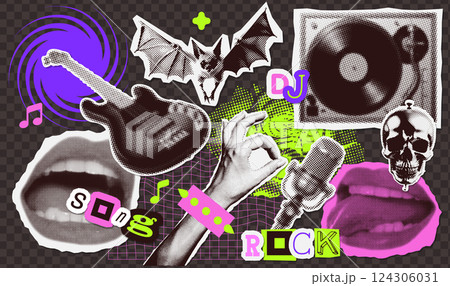 Collage stickers set with dotted halftone effect - hand with OK gesture, vinyl player, Rock guitar, bat, mike. Textured Psychedelic elements for y2k grunge design. New Wave. Punk. Vector 124306031