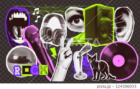 Rock Music karaoke halftone collage elements set. Hands, microphones, headphones, eye, singing mouths, ear torn paper stickers. Trendy modern retro grunge vector illustration on dark background Rock Music karaoke halftone collage elements set. Hands, microphones, headphones, eye, singing mouths, ear torn paper stickers. Trendy modern retro grunge vector illustration on dark background 124306033