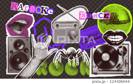 Dark grunge set with halftone collage elements and phrases on the theme of rock music in retro zine mixed media style. Speaker, microphone, mouth, radio and spider isolated on black background. Vector 124306044