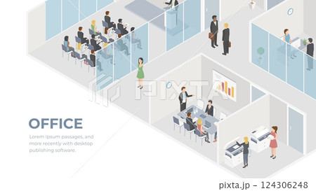 Isometric flat 3d abstract office floor interior departments concept vector. conference hall, offices, workplaces, director of the office interior 124306248