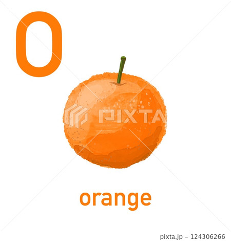 Watercolor English alphabet made of cute fruits and vegetables. Watercolor illustration of food. Vegetarian alphabet. Back to school. Orange 124306266