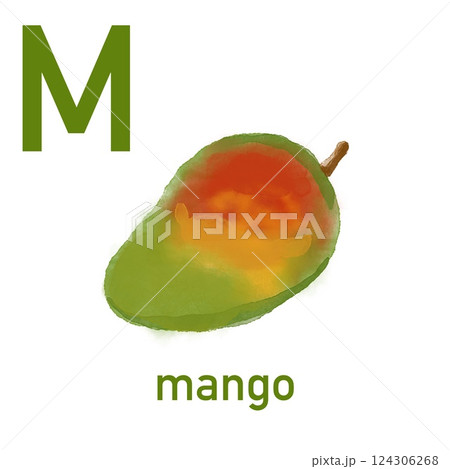 Watercolor English alphabet made of cute fruits and vegetables. Watercolor illustration of food. Vegetarian alphabet. Back to school. Mango 124306268