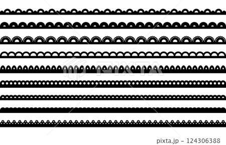 Lace scallop fabric edge. Frame border with pattern. Ribbon with ornament. Vector collection of stripes isolated on white background. 124306388