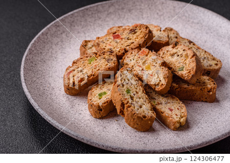 Freshly baked Italian cantuccini cookies with nuts and candied fruits 124306477