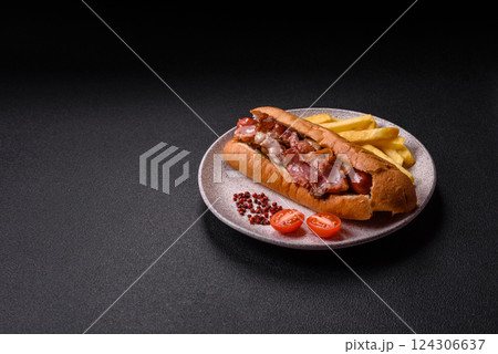 Delicious juicy hot dog with sausage, bacon, sauce, salt and spices Delicious juicy hot dog with sausage, bacon, sauce, salt and spices 124306637