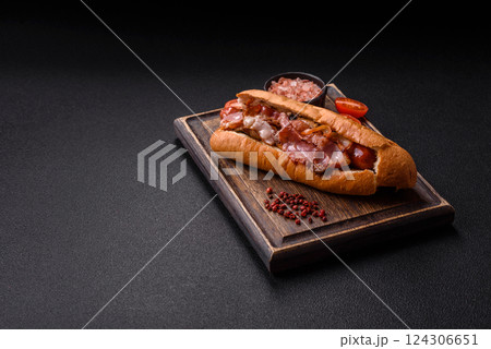 Delicious juicy hot dog with sausage, bacon, sauce, salt and spices Delicious juicy hot dog with sausage, bacon, sauce, salt and spices 124306651