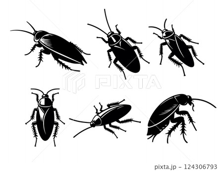 Cockroach silhouette set insect illustration. Cockroach black silhouette icon vector anatomy design Cockroach silhouette set insect illustration. Cockroach black silhouette icon vector anatomy design 124306793