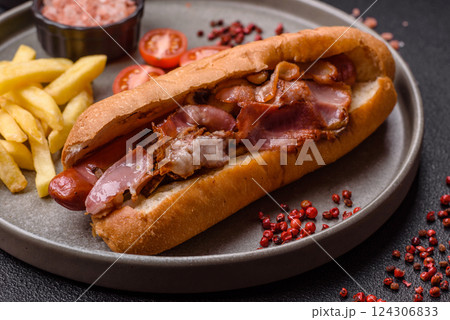 Delicious juicy hot dog with sausage, bacon, sauce, salt and spices Delicious juicy hot dog with sausage, bacon, sauce, salt and spices 124306833