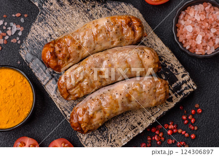 Juicy chicken or pork sausages with salt and spices 124306897