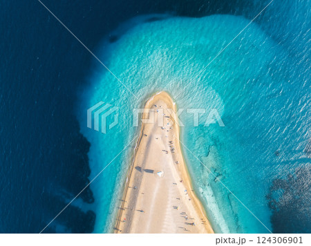 Aerial view of blue sea and amazing Zlatni Rat, Brac, Croatia 124306901