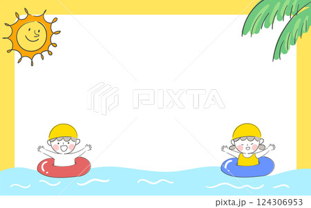 Illustration of children playing in the water and frame design 124306953