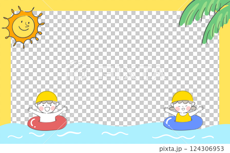 Illustration of children playing in the water and frame design 124306953