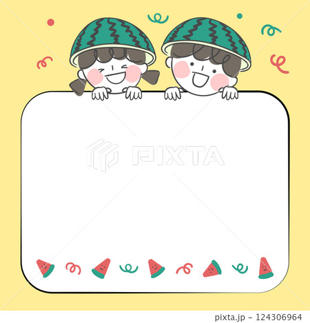 Illustration of children with watermelon hat and frame design 124306964