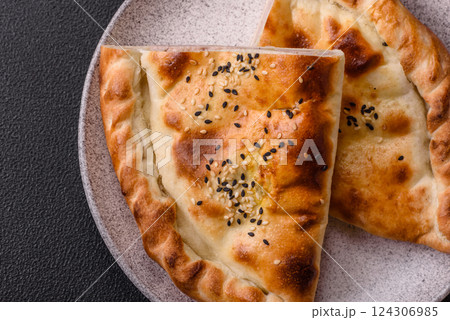 Cheburek meat pastry pie with herbs on the concrete background 124306985
