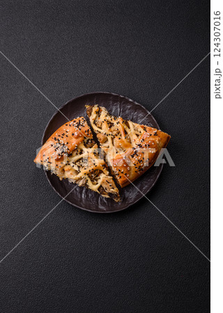 French quiche with chicken or salmon, cheese, salt, spices and herbs French quiche with chicken or salmon, cheese, salt, spices and herbs 124307016