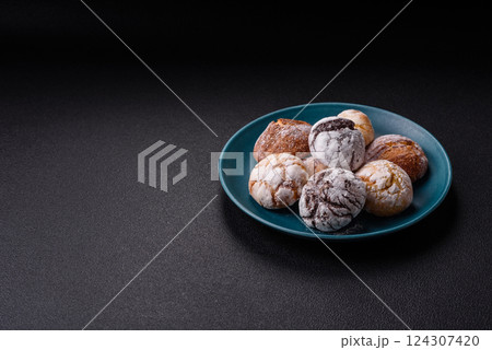 Sweet freshly baked round cookies of several types 124307420