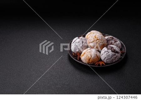 Sweet freshly baked round cookies of several types Sweet freshly baked round cookies of several types 124307446