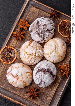 Sweet freshly baked round cookies of several types 124307477