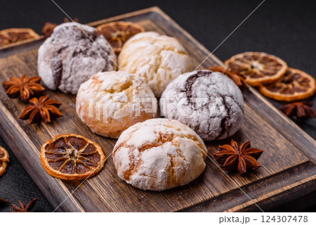 Sweet freshly baked round cookies of several types 124307478