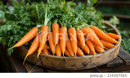 Fresh Carrots with Green Tops in Wooden Bowl 124307563