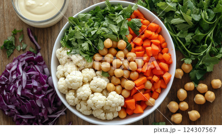 Raw Vegetable Salad with Chickpeas in White Bowl 124307567