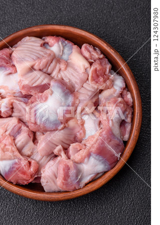 Raw chicken or turkey stomach with salt, spices and herbs 124307980