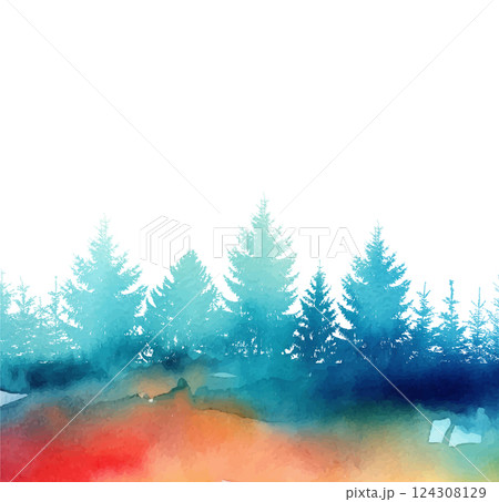 Watercolor Christmas trees at sunset. hand drawing. Not AI Vector illustration 124308129