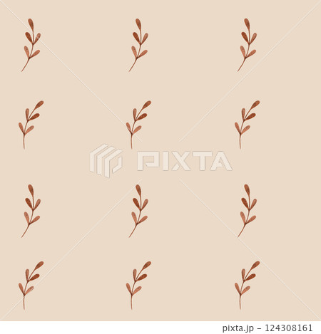 Childrens cute seamless pattern with brown sprigs. Handmade watercolor illustration on beige background. For design, background, textile 124308161