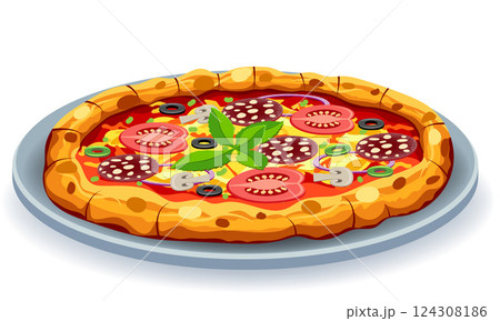 crispy pizza freshly baked with sausage, tomatoes, olives, mushrooms and cheese vector illustration 124308186