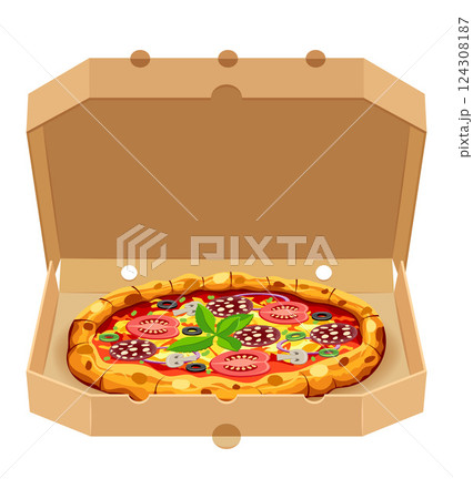 crispy pizza in cardboard box freshly baked with sausage, tomatoes, olives, mushrooms and cheese vector illustration crispy pizza in cardboard box freshly baked with sausage, tomatoes, olives, mushrooms and cheese vector illustration 124308187