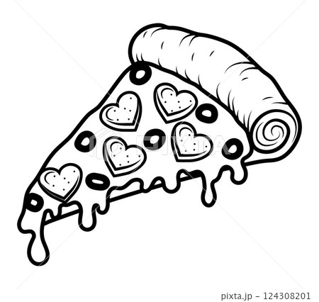 crispy pizza slice cut freshly baked with sausage, tomatoes, olives, mushrooms and cheese vector illustration 124308201