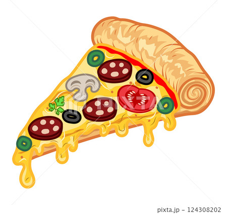 crispy pizza slice cut freshly baked with sausage, tomatoes, olives, mushrooms and cheese vector illustration crispy pizza slice cut freshly baked with sausage, tomatoes, olives, mushrooms and cheese vector illustration 124308202