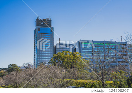 静岡市にある秋の駿府城公園から見た静岡県庁別館の風景(静岡県) 静岡市にある秋の駿府城公園から見た静岡県庁別館の風景(静岡県) 124308207